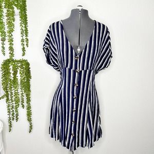 BP Navy Blue White Striped V-Neck Button Front Mini Dress Women's Size Large L